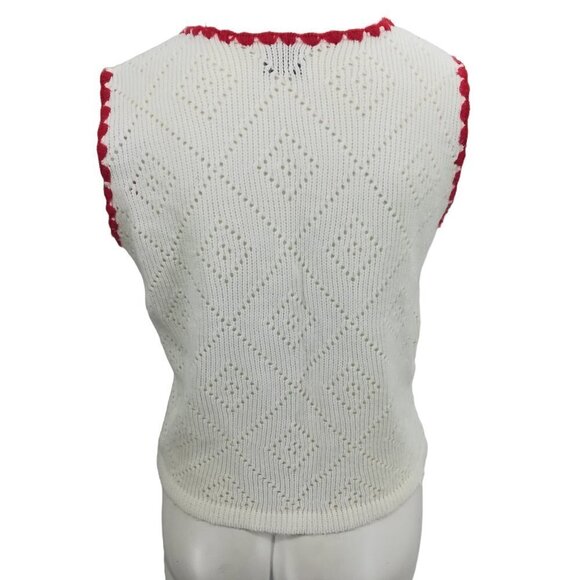 Vintage Nan Dorsey Pullover Sweater Vest Size M Eyelet Knit Crochet White Red - Picture 8 of 11